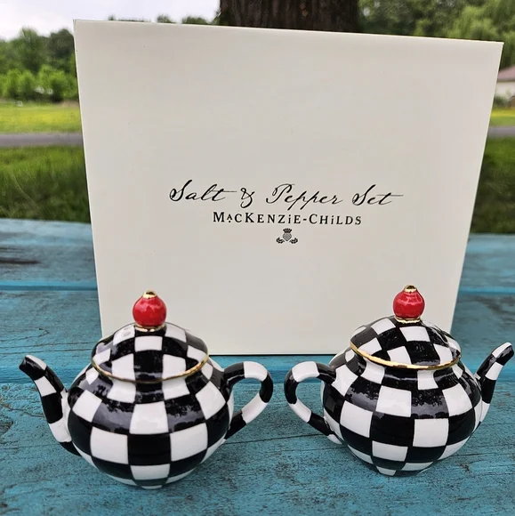 Mackenzie Childs Courtly Check Teapot Salt & Pepper Shakers - Picture 7 of 9